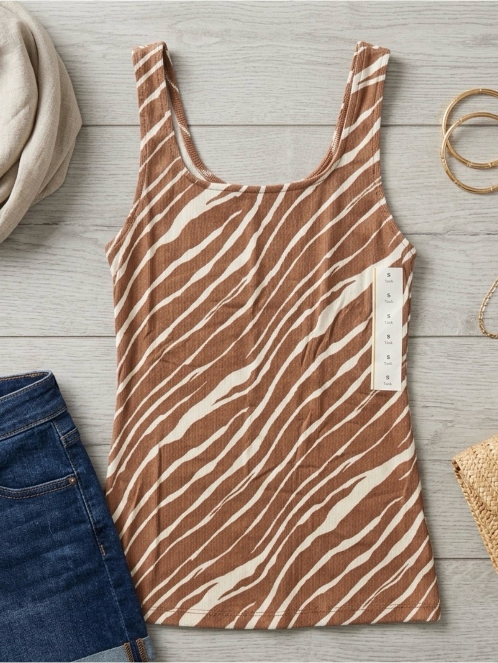 a new day Brown and Cream Zebra-Print Ribbed Tank